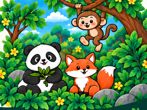 Friendly animals in a leafy illustrated jungle.