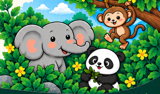 Friendly animals in a leafy illustrated jungle.
